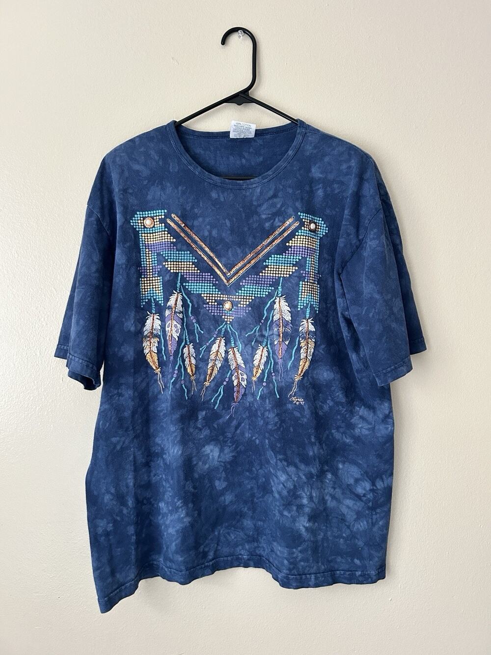 Lynée Apparel Vintage Blue Tie-Dye Feather Native Style T-Shirt Large USA